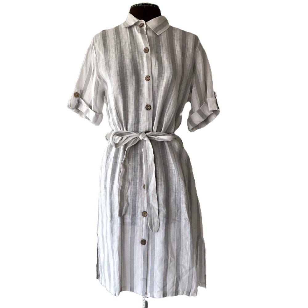 Linen White and Grey Striped Shirtdress